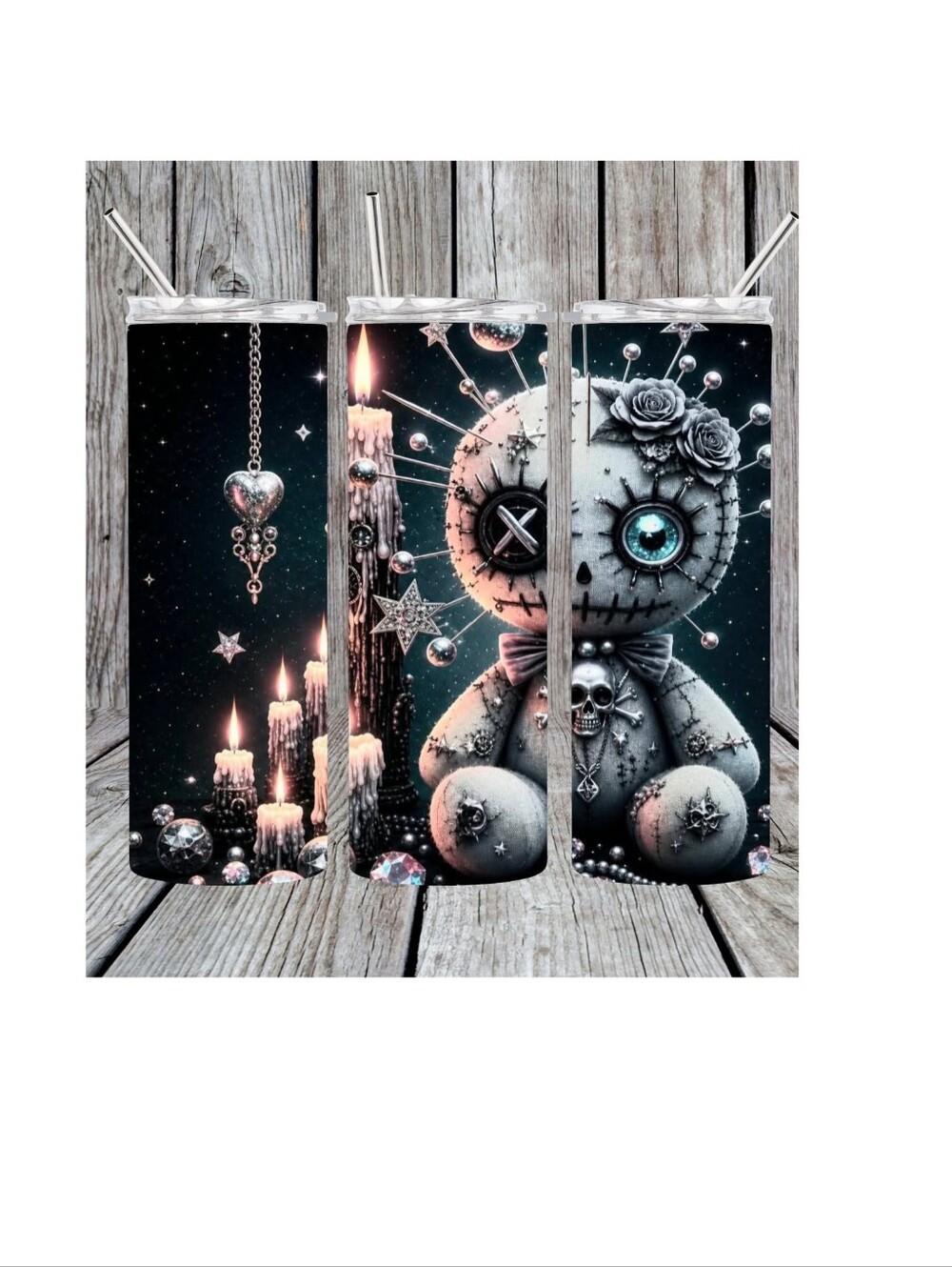 Gothic Voodoo Doll Tumbler - Black & Silver Starry Design